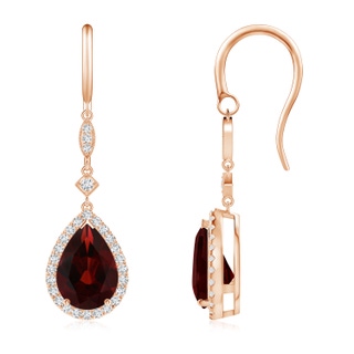 10x7mm AA Pear-Shaped Garnet Drop Earrings with Diamond Halo in Rose Gold