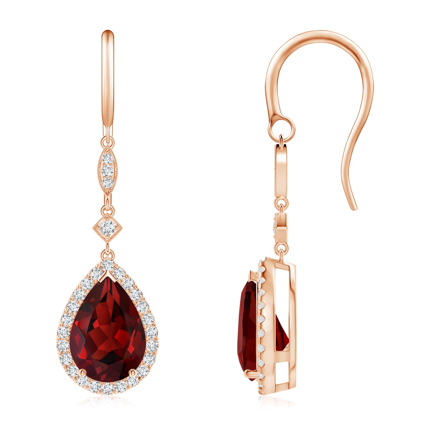 10x7mm AAAA Pear-Shaped Garnet Drop Earrings with Diamond Halo in 18K Rose Gold