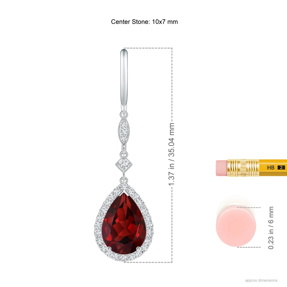 10x7mm AAAA Pear-Shaped Garnet Drop Earrings with Diamond Halo in P950 Platinum ruler