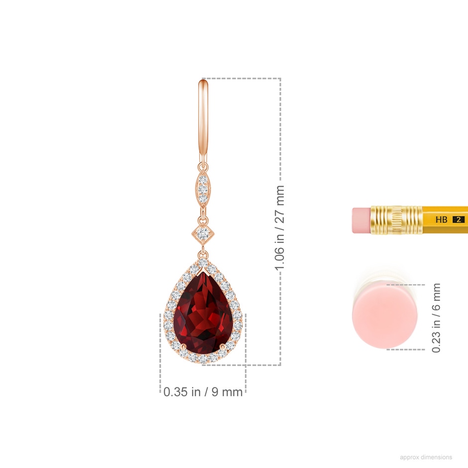 10x7mm AAAA Pear-Shaped Garnet Drop Earrings with Diamond Halo in Rose Gold ruler