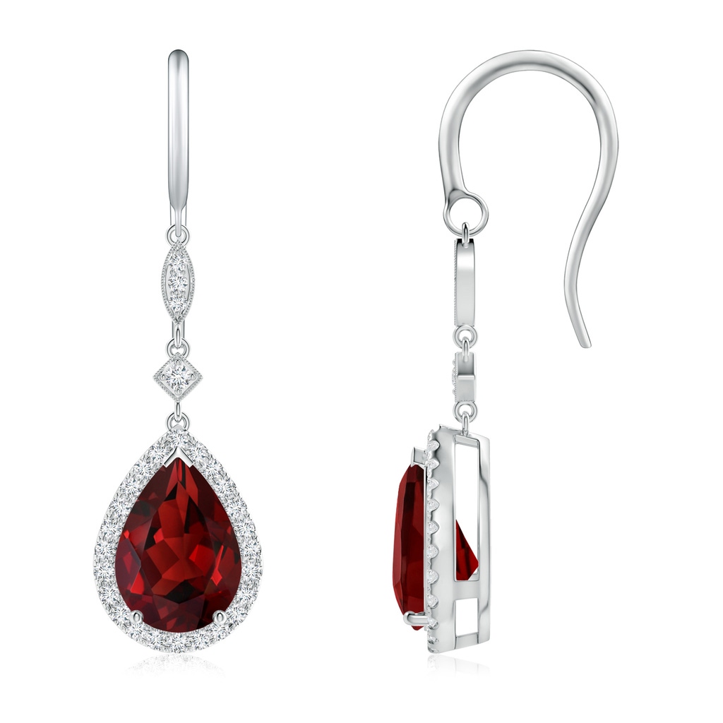 10x7mm AAAA Pear-Shaped Garnet Drop Earrings with Diamond Halo in White Gold