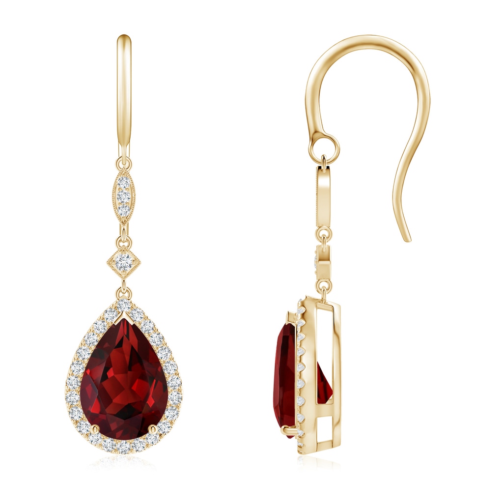 10x7mm AAAA Pear-Shaped Garnet Drop Earrings with Diamond Halo in Yellow Gold