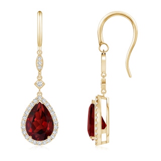 10x7mm AAAA Pear-Shaped Garnet Drop Earrings with Diamond Halo in Yellow Gold