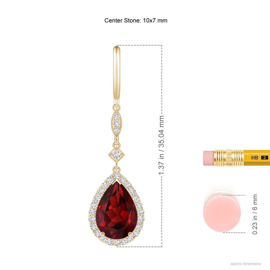 10x7mm AAAA Pear-Shaped Garnet Drop Earrings with Diamond Halo in Yellow Gold ruler