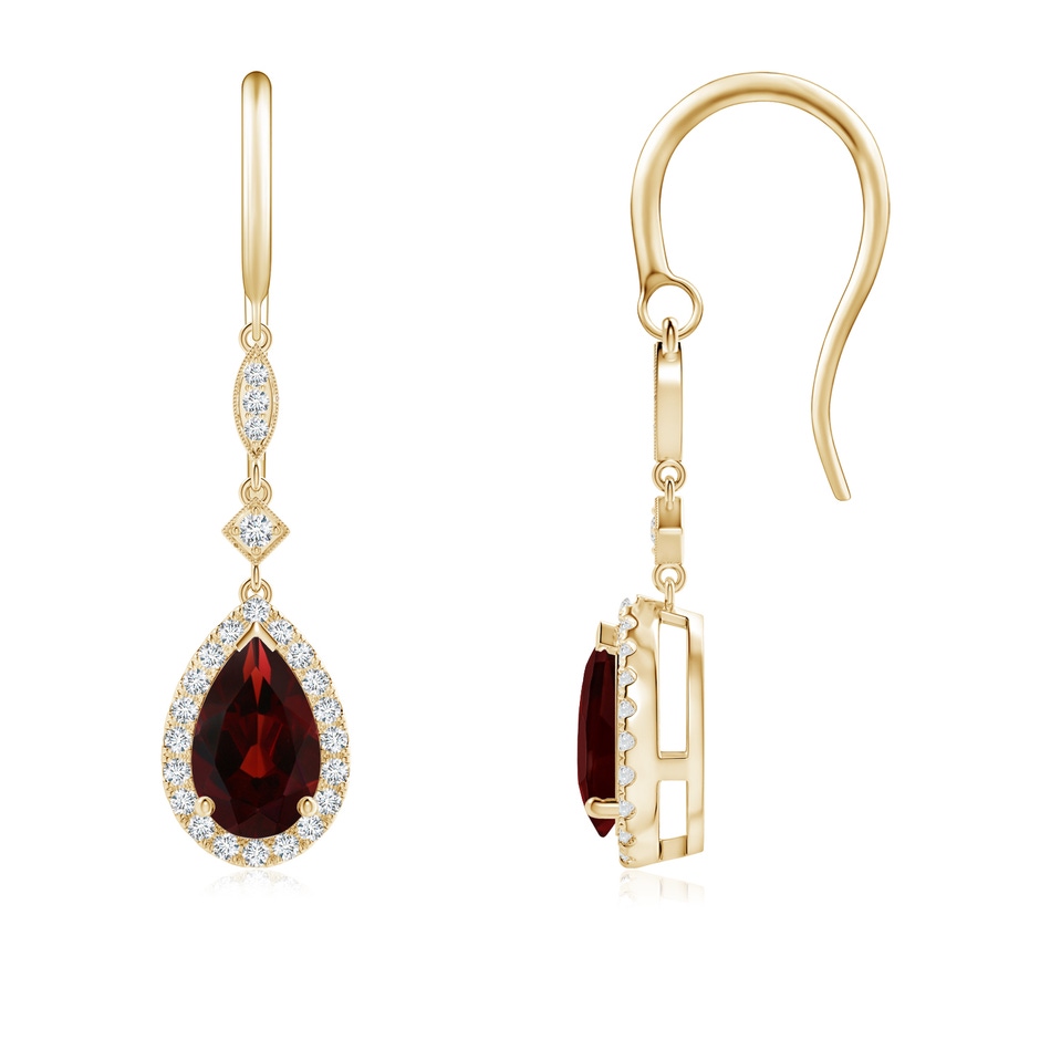 8x5mm AA Pear-Shaped Garnet Drop Earrings with Diamond Halo in Yellow Gold 
