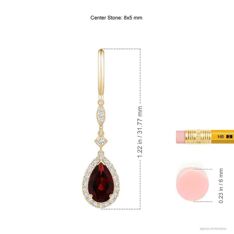8x5mm AA Pear-Shaped Garnet Drop Earrings with Diamond Halo in Yellow Gold ruler