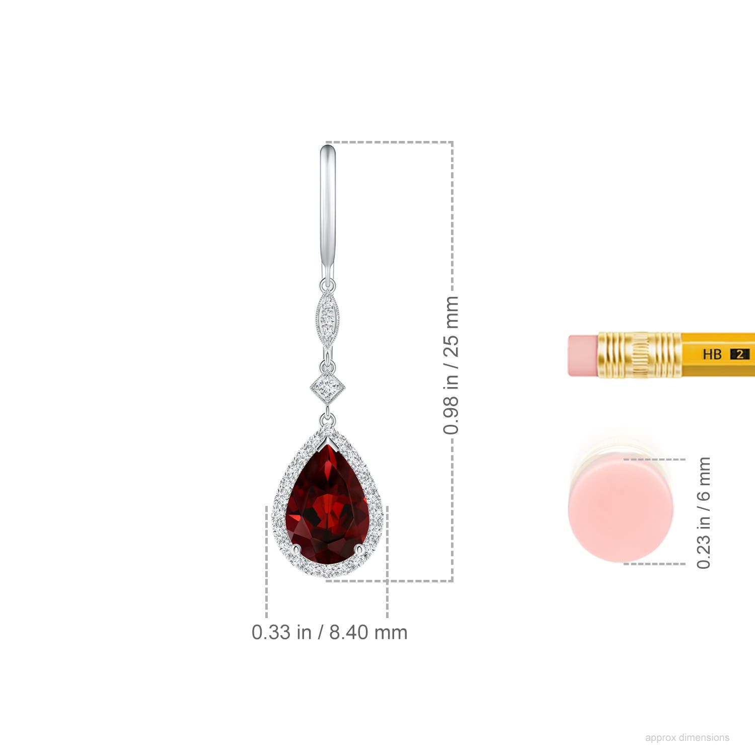 9x6mm AAA Pear-Shaped Garnet Drop Earrings with Diamond Halo in White Gold - ruler