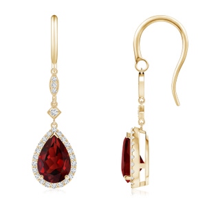 9x6mm AAAA Pear-Shaped Garnet Drop Earrings with Diamond Halo in Yellow Gold