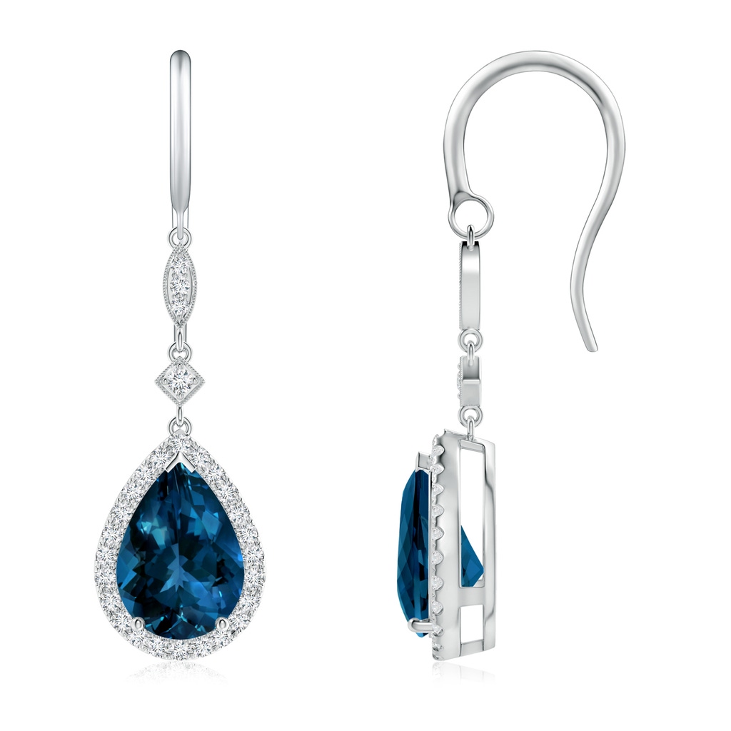 10x7mm AAAA Pear-Shaped London Blue Topaz Drop Earrings with Diamonds in P950 Platinum