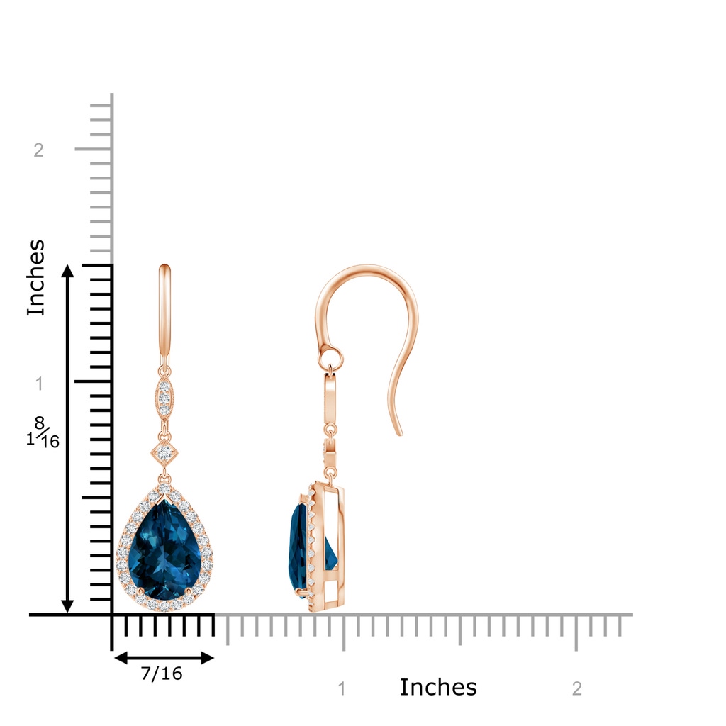 10x7mm AAAA Pear-Shaped London Blue Topaz Drop Earrings with Diamonds in Rose Gold Product Image