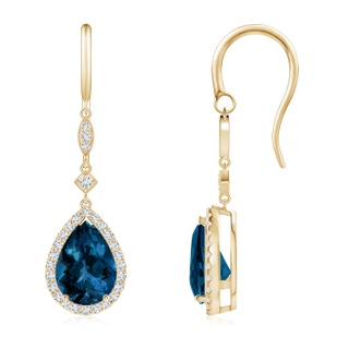 10x7mm AAAA Pear-Shaped London Blue Topaz Drop Earrings with Diamonds in Yellow Gold