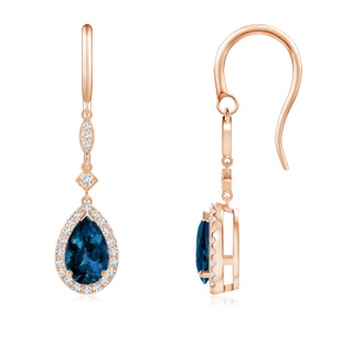 8x5mm AAAA Pear-Shaped London Blue Topaz Drop Earrings with Diamonds in Rose Gold