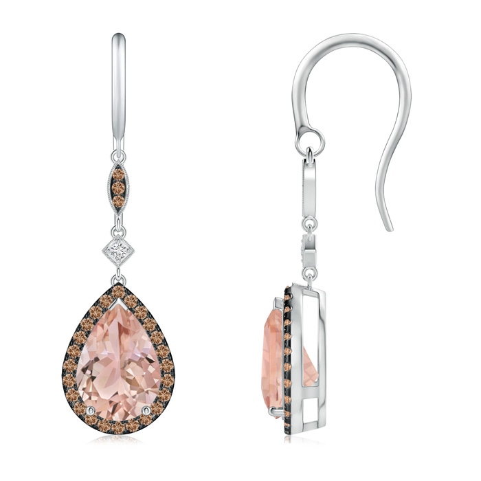10x7mm AAA Pear-Shaped Morganite Drop Earrings with Coffee Diamonds in White Gold
