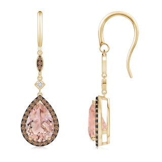 10x7mm AAA Pear-Shaped Morganite Drop Earrings with Coffee Diamonds in Yellow Gold