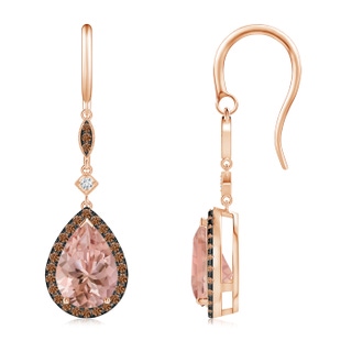 10x7mm AAAA Pear-Shaped Morganite Drop Earrings with Coffee Diamonds in Rose Gold