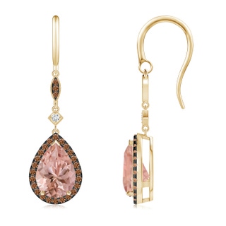 10x7mm AAAA Pear-Shaped Morganite Drop Earrings with Coffee Diamonds in Yellow Gold