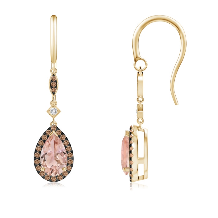 8x5mm AAA Pear-Shaped Morganite Drop Earrings with Coffee Diamonds in Yellow Gold