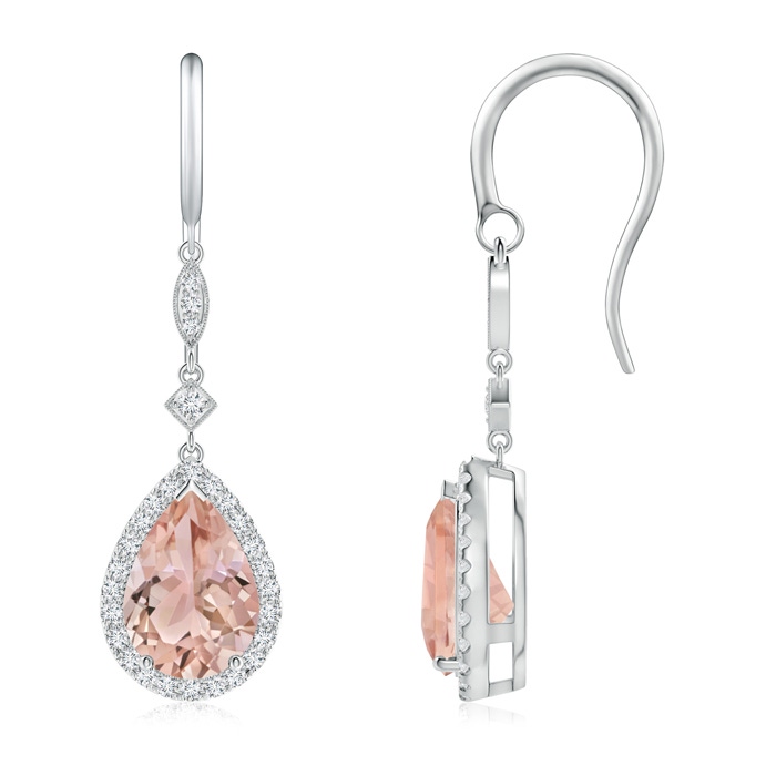 10x7mm AAA Pear-Shaped Morganite Drop Earrings with Diamond Halo in P950 Platinum