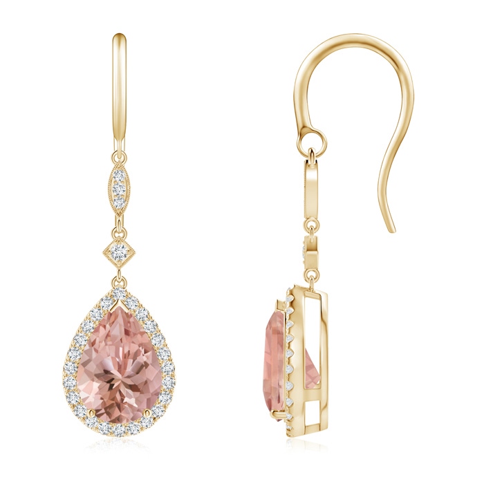 10x7mm AAAA Pear-Shaped Morganite Drop Earrings with Diamond Halo in Yellow Gold