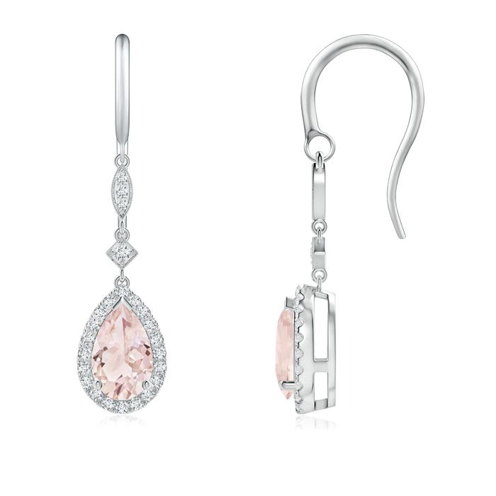 8x5mm A Pear-Shaped Morganite Drop Earrings with Diamond Halo in P950 Platinum