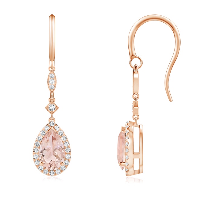 8x5mm AAA Pear-Shaped Morganite Drop Earrings with Diamond Halo in Rose Gold 