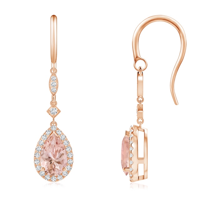 8x5mm AAAA Pear-Shaped Morganite Drop Earrings with Diamond Halo in Rose Gold 