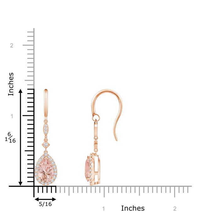 8x5mm AAAA Pear-Shaped Morganite Drop Earrings with Diamond Halo in Rose Gold - ruler