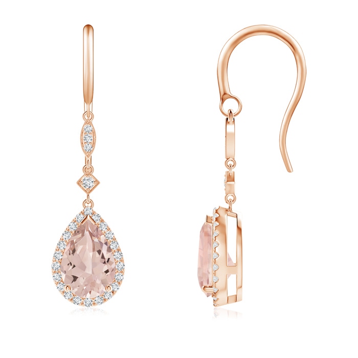 9x6mm AA Pear-Shaped Morganite Drop Earrings with Diamond Halo in Rose Gold 