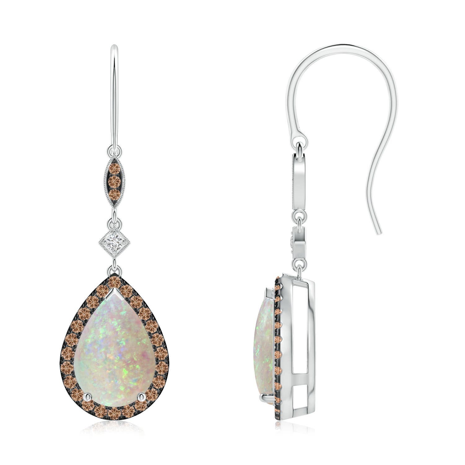 10x7mm AAA Pear-Shaped Opal Drop Earrings with Coffee Diamond Halo in White Gold