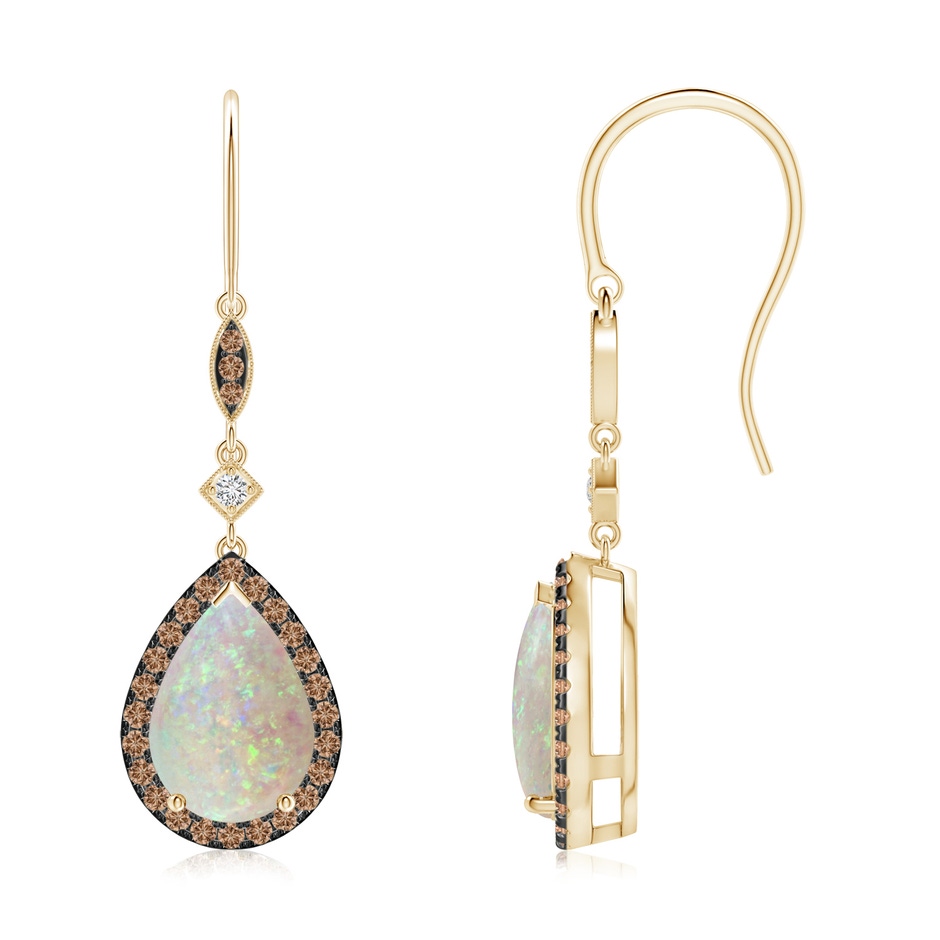 10x7mm AAA Pear-Shaped Opal Drop Earrings with Coffee Diamond Halo in Yellow Gold 