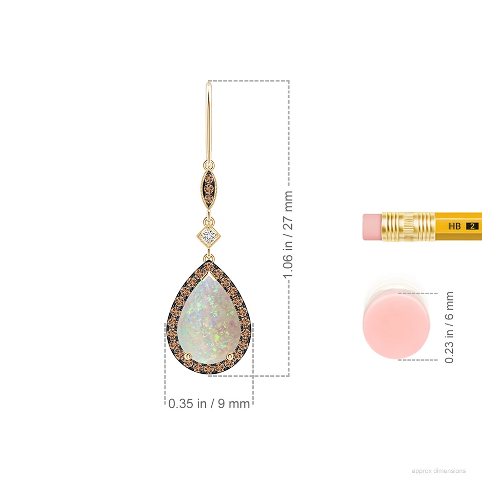 10x7mm AAA Pear-Shaped Opal Drop Earrings with Coffee Diamond Halo in Yellow Gold ruler