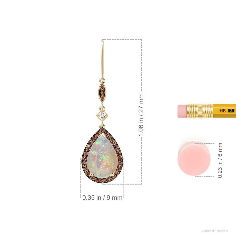 10x7mm AAAA Pear-Shaped Opal Drop Earrings with Coffee Diamond Halo in 18K Yellow Gold ruler