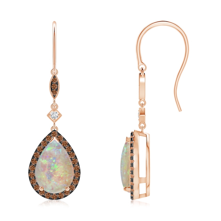 10x7mm AAAA Pear-Shaped Opal Drop Earrings with Coffee Diamond Halo in Rose Gold 