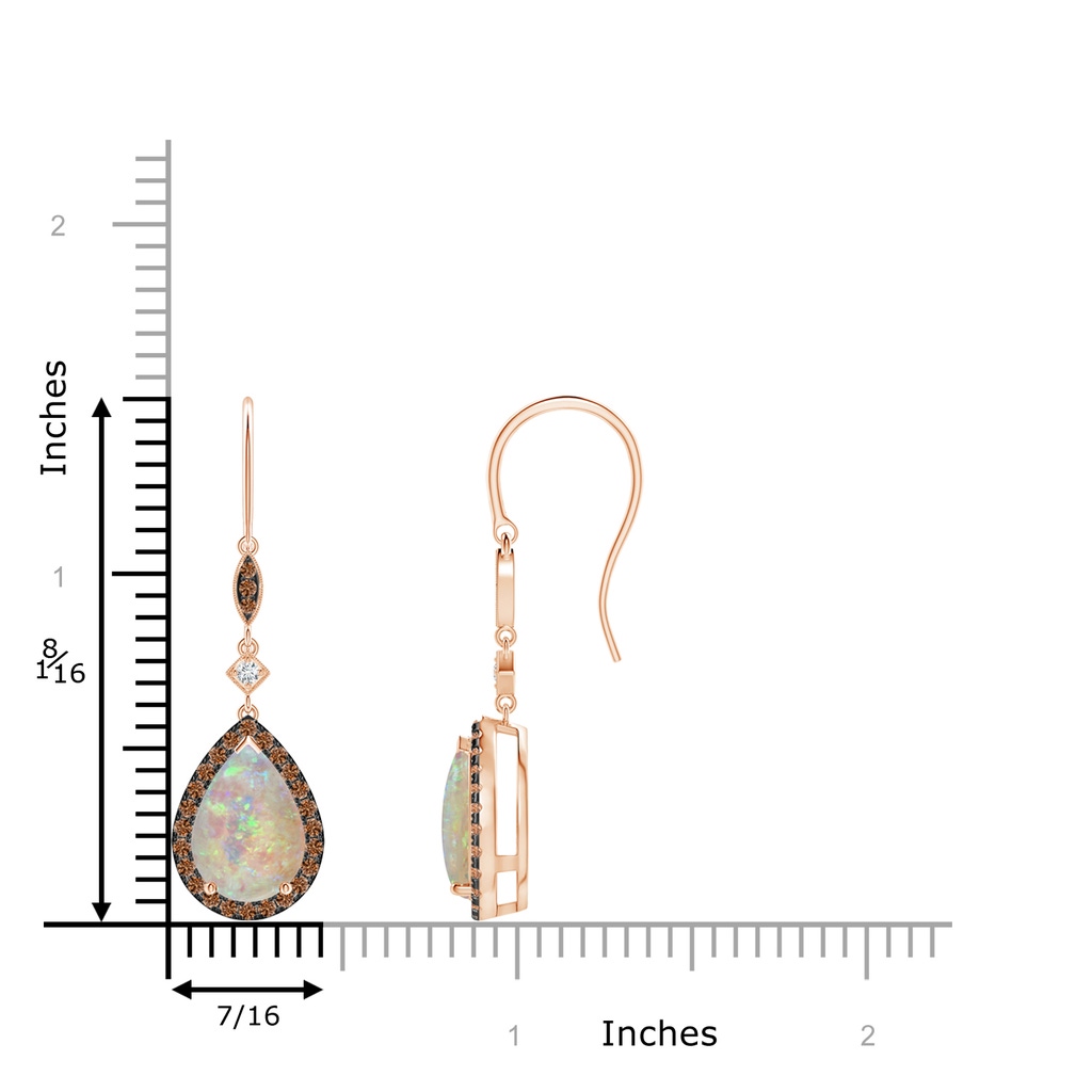 10x7mm AAAA Pear-Shaped Opal Drop Earrings with Coffee Diamond Halo in Rose Gold Ruler