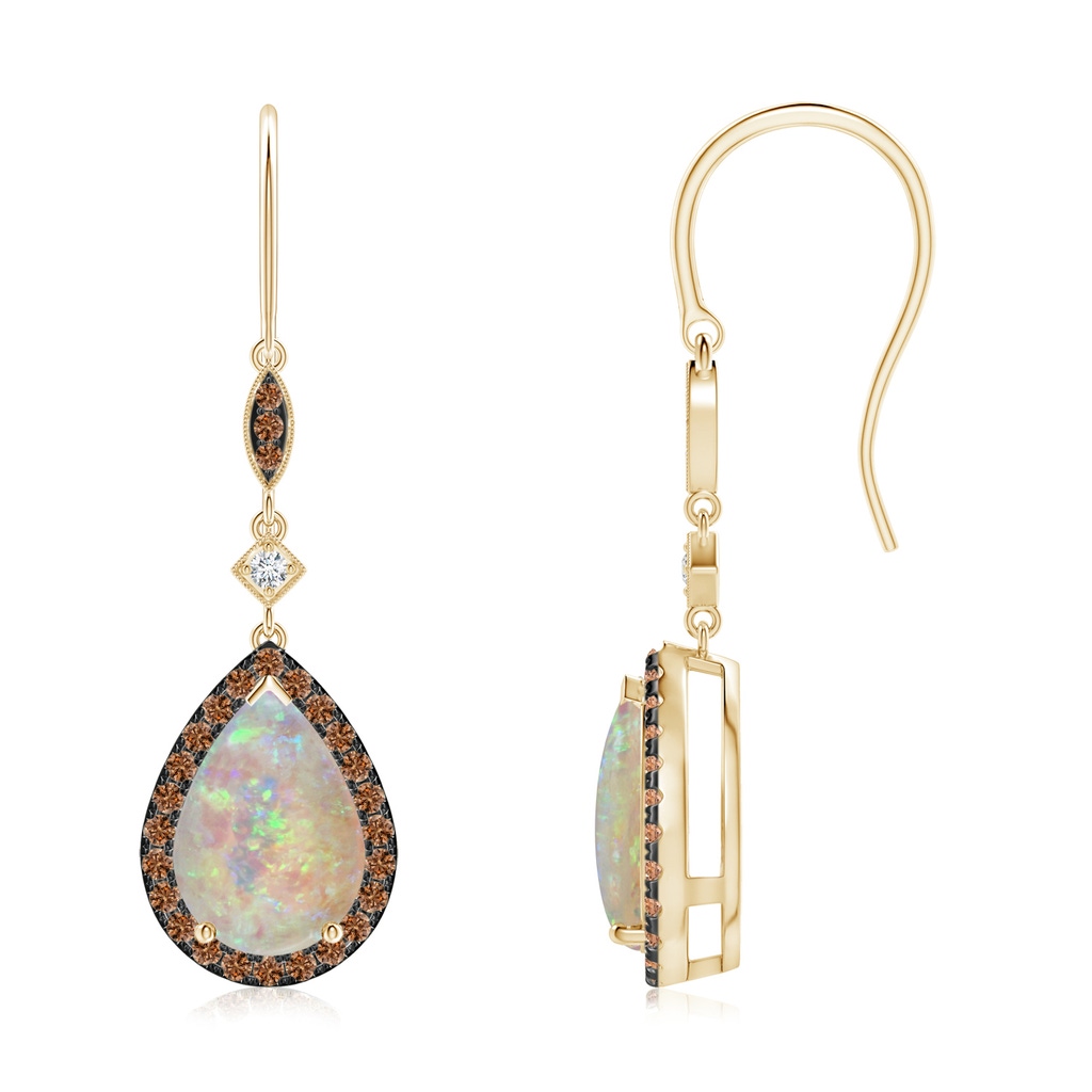 10x7mm AAAA Pear-Shaped Opal Drop Earrings with Coffee Diamond Halo in Yellow Gold