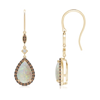 9x6mm AAA Pear-Shaped Opal Drop Earrings with Coffee Diamond Halo in Yellow Gold