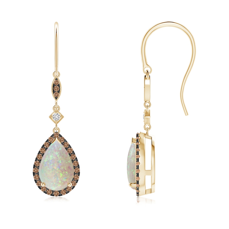 9x6mm AAA Pear-Shaped Opal Drop Earrings with Coffee Diamond Halo in Yellow Gold 