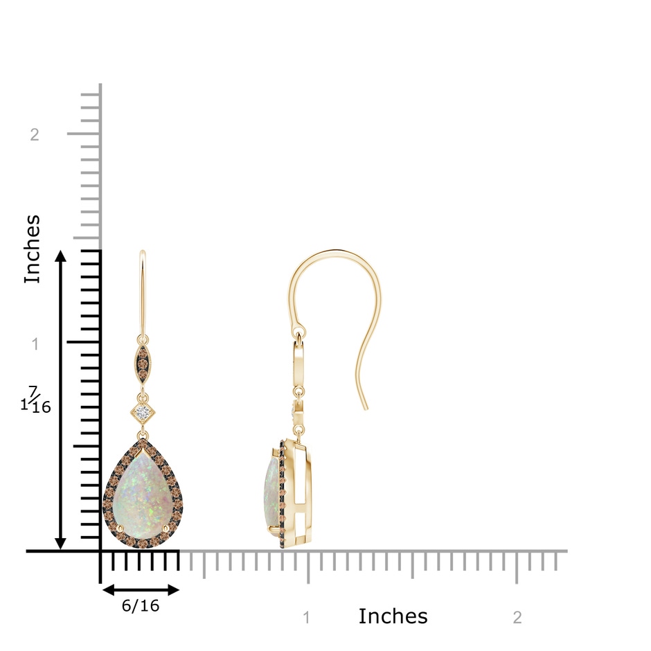 9x6mm AAA Pear-Shaped Opal Drop Earrings with Coffee Diamond Halo in Yellow Gold ruler