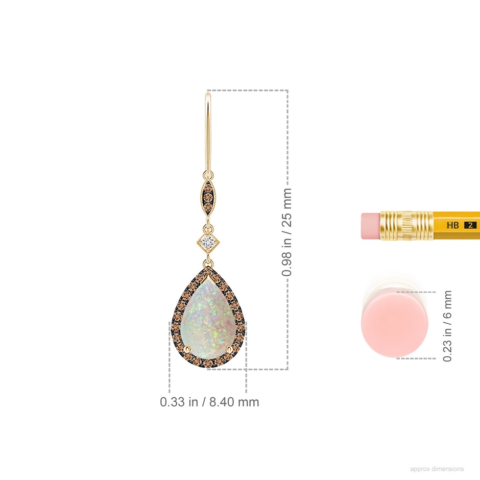 9x6mm AAA Pear-Shaped Opal Drop Earrings with Coffee Diamond Halo in Yellow Gold ruler