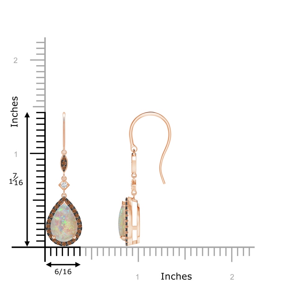 9x6mm AAAA Pear-Shaped Opal Drop Earrings with Coffee Diamond Halo in Rose Gold ruler