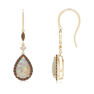 9x6mm AAAA Pear-Shaped Opal Drop Earrings with Coffee Diamond Halo in Yellow Gold