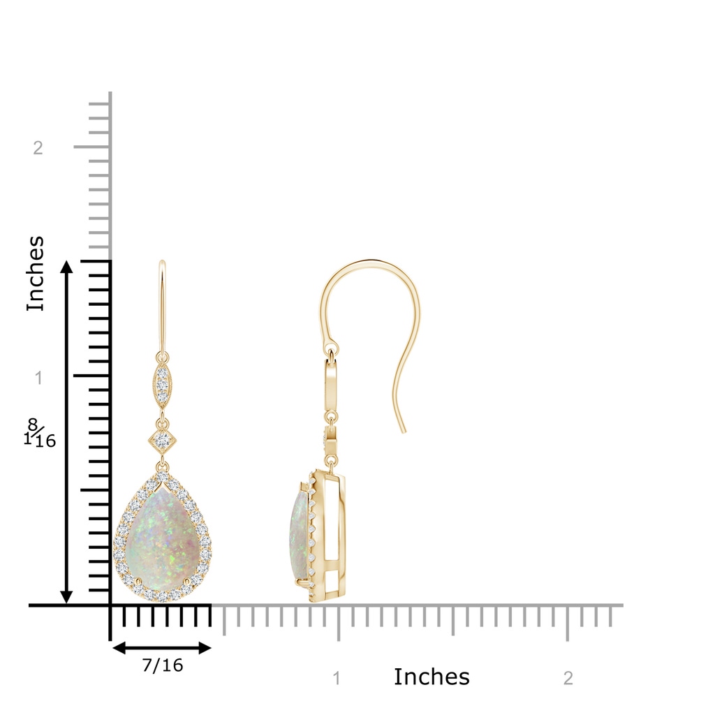 10x7mm AAA Pear-Shaped Opal Drop Earrings with Diamond Halo in Yellow Gold Ruler