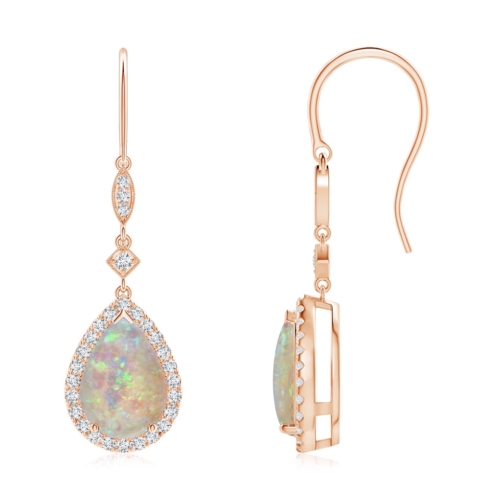 10x7mm AAAA Pear-Shaped Opal Drop Earrings with Diamond Halo in Rose Gold