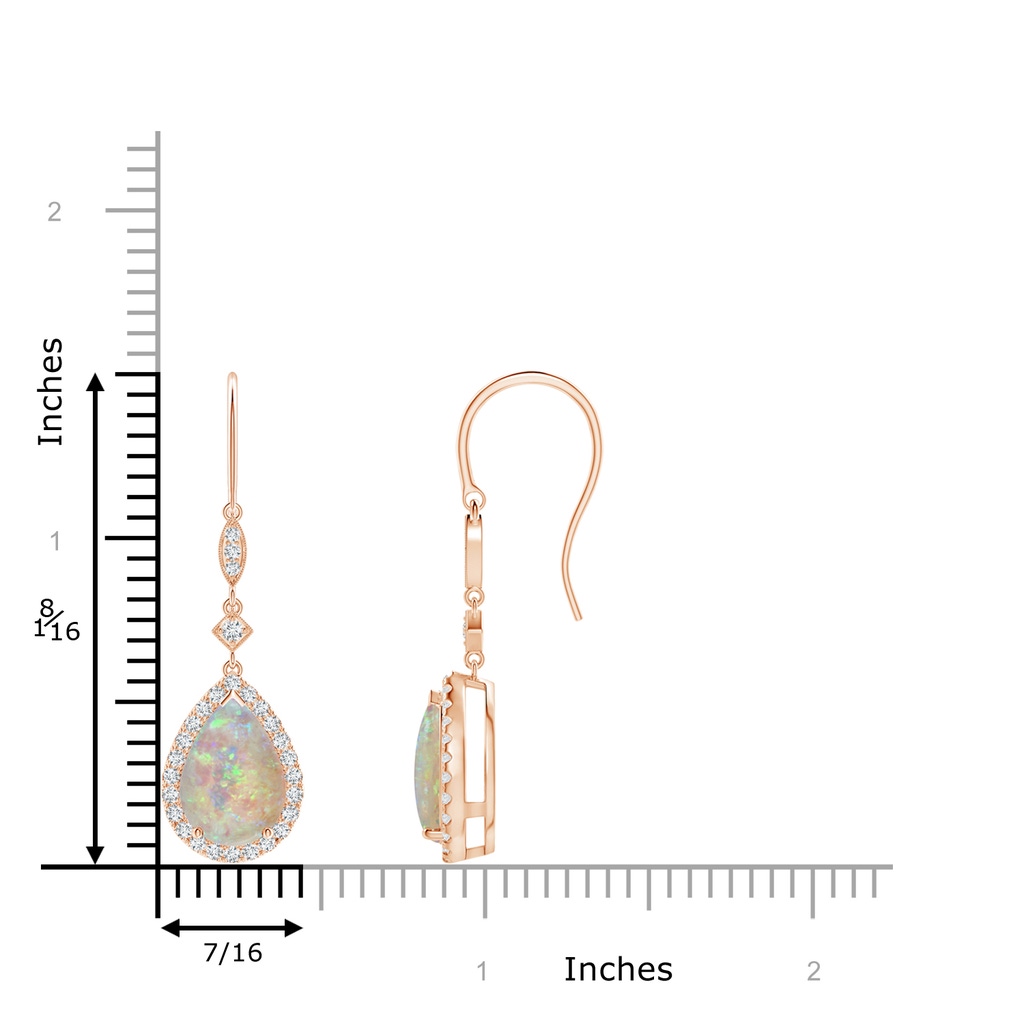 10x7mm AAAA Pear-Shaped Opal Drop Earrings with Diamond Halo in Rose Gold Ruler