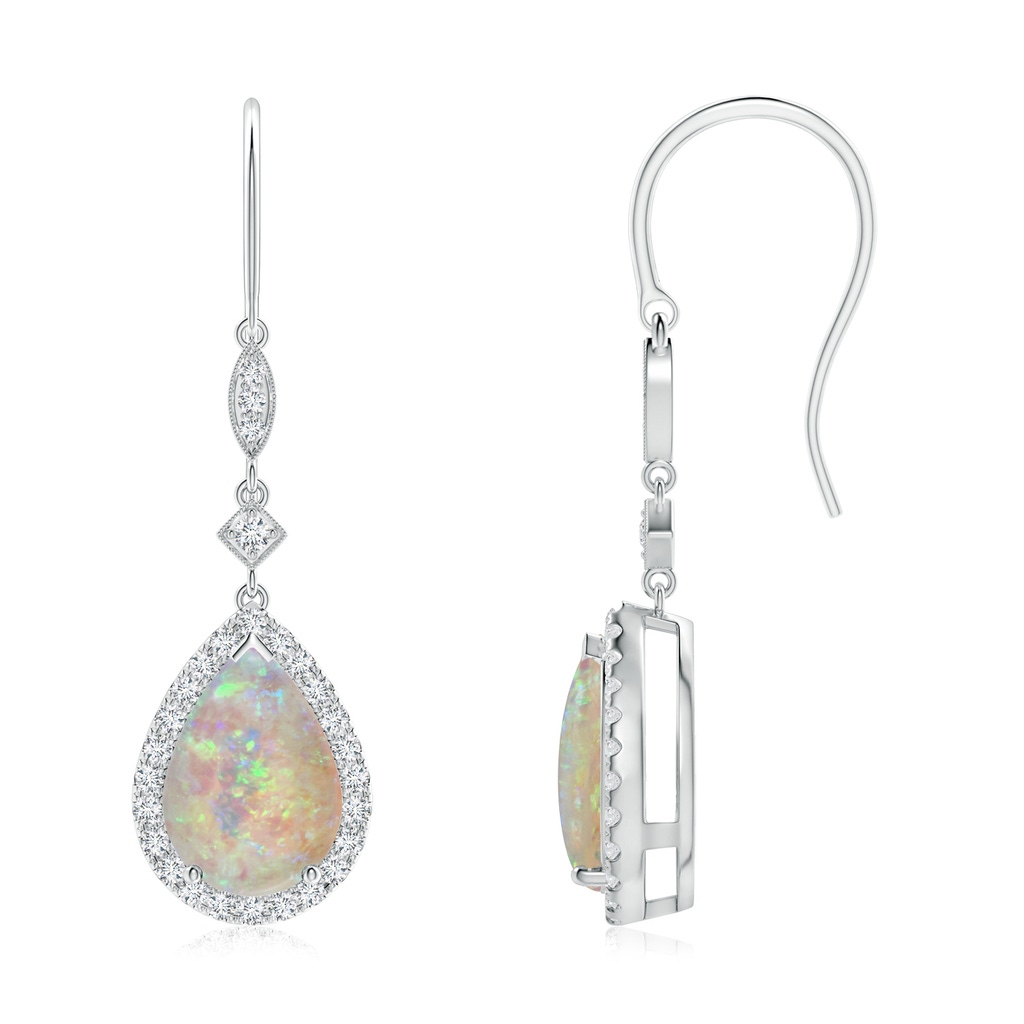 10x7mm AAAA Pear-Shaped Opal Drop Earrings with Diamond Halo in White Gold