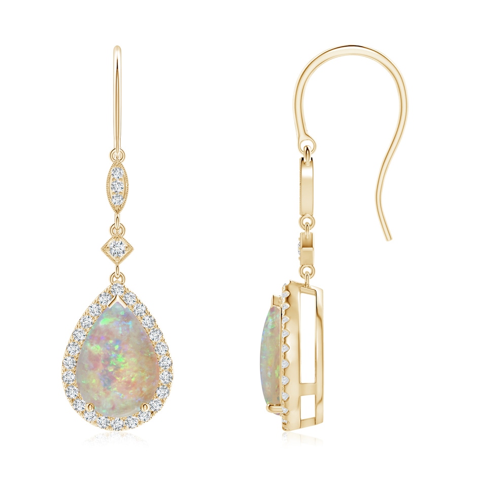 10x7mm AAAA Pear-Shaped Opal Drop Earrings with Diamond Halo in Yellow Gold 