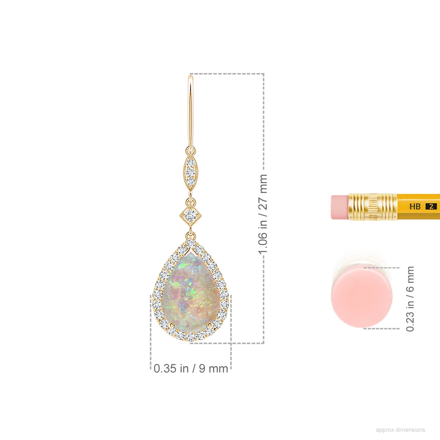 10x7mm AAAA Pear-Shaped Opal Drop Earrings with Diamond Halo in Yellow Gold - ruler