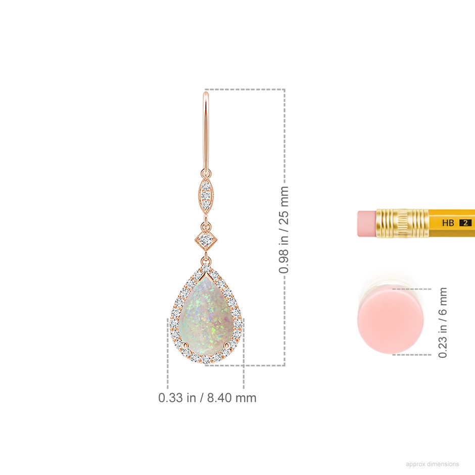 9x6mm AAA Pear-Shaped Opal Drop Earrings with Diamond Halo in 9K Rose Gold ruler