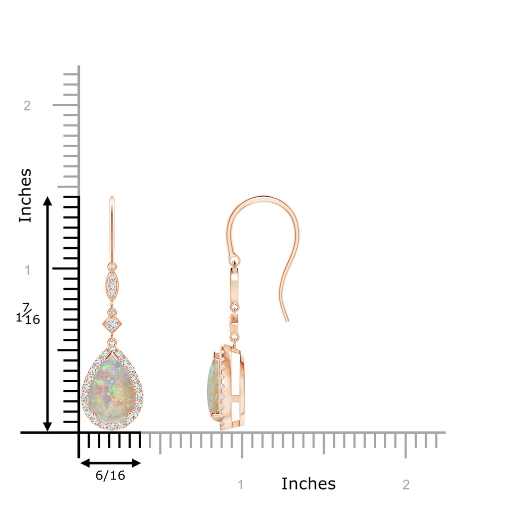 9x6mm AAAA Pear-Shaped Opal Drop Earrings with Diamond Halo in Rose Gold Ruler