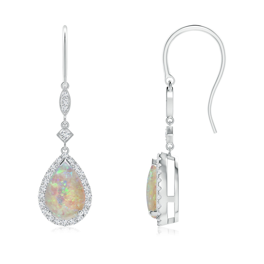 9x6mm AAAA Pear-Shaped Opal Drop Earrings with Diamond Halo in White Gold